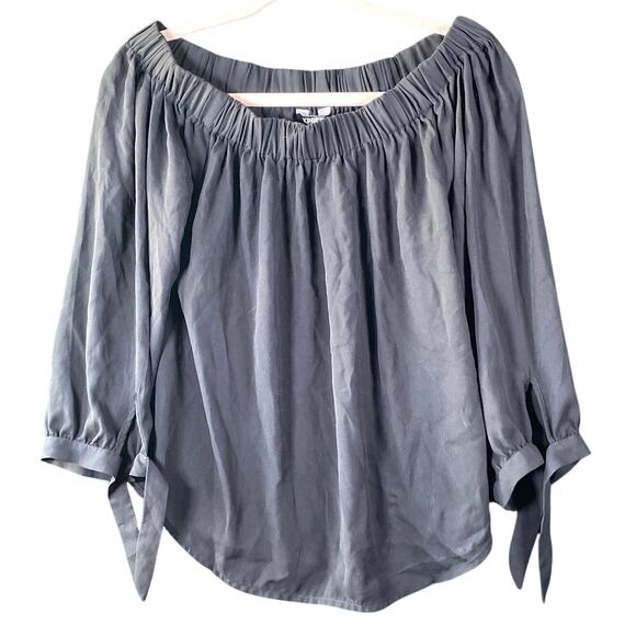 Express Womens Blouse Gray Long Sleeve Off The Shoulder Boat Neck Cinched S - Picture 1 of 11